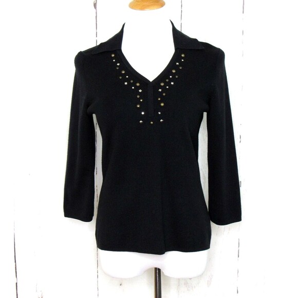 Designers Originals Size M Pullover Sweater 3/4 Sleeve V-Neck Stud Accent BlacK - Picture 1 of 6